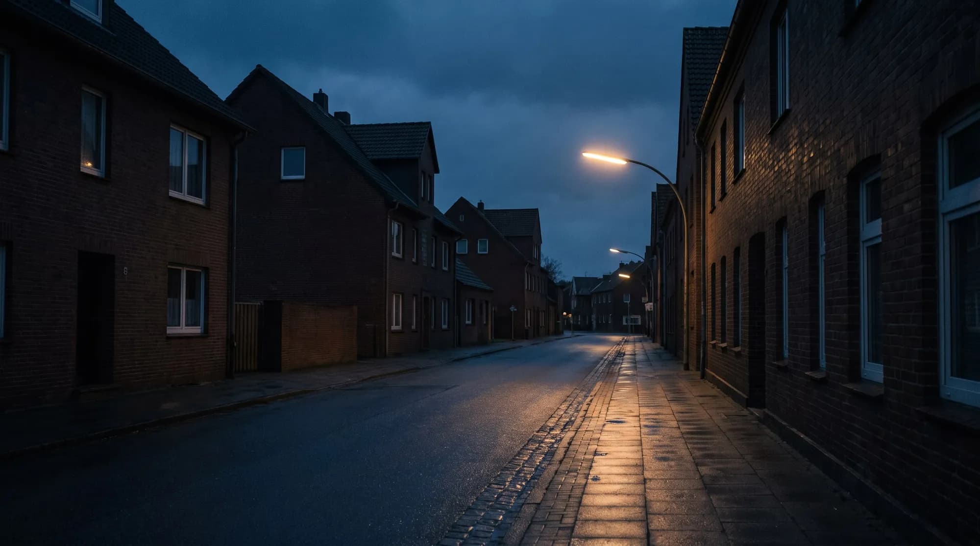 Ruhige Nebenstraße bei Dämmerung mit Backsteinfassaden und Straßenlaternen