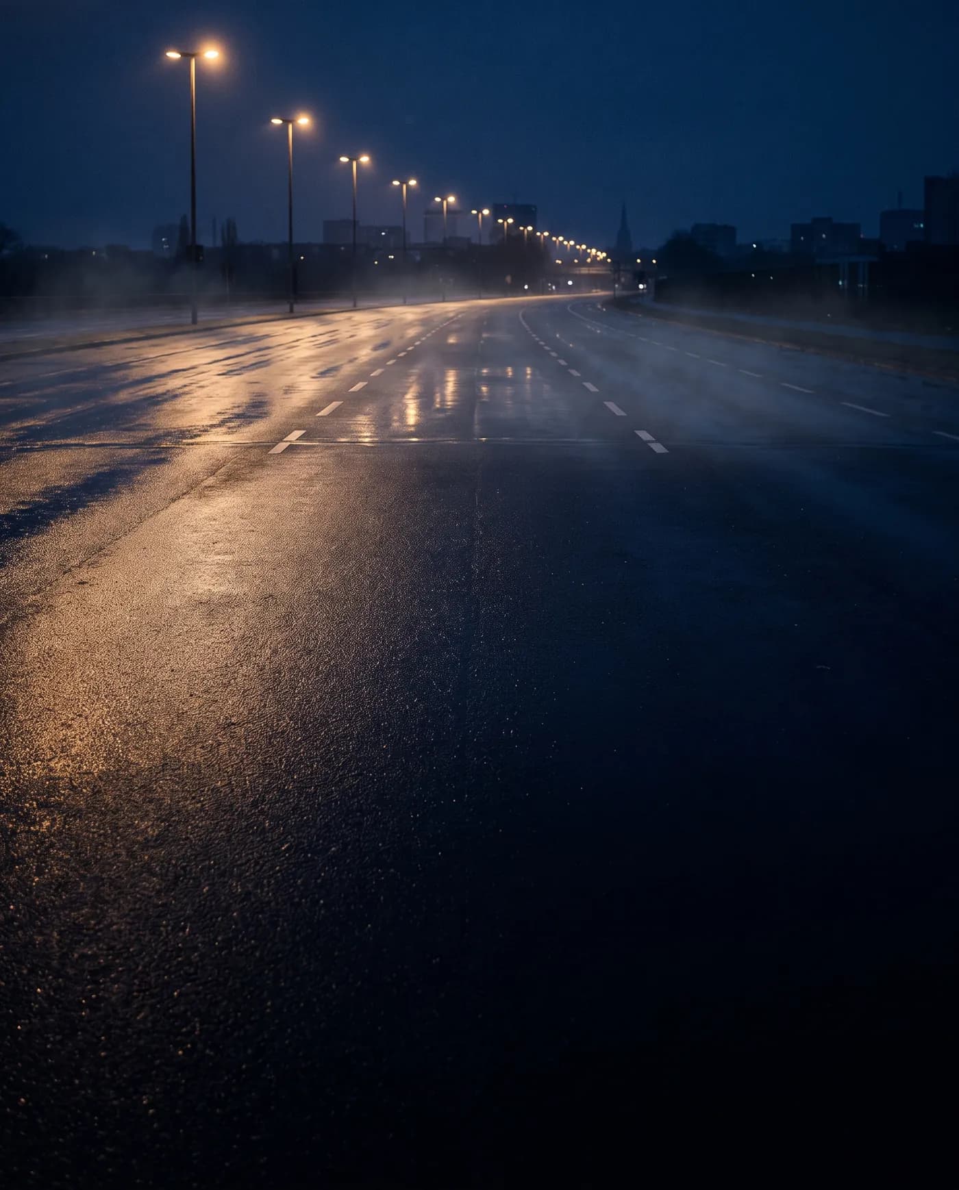 Nächtliche Ausfallstraße bei Regen, nasse Fahrbahn im Laternenlicht