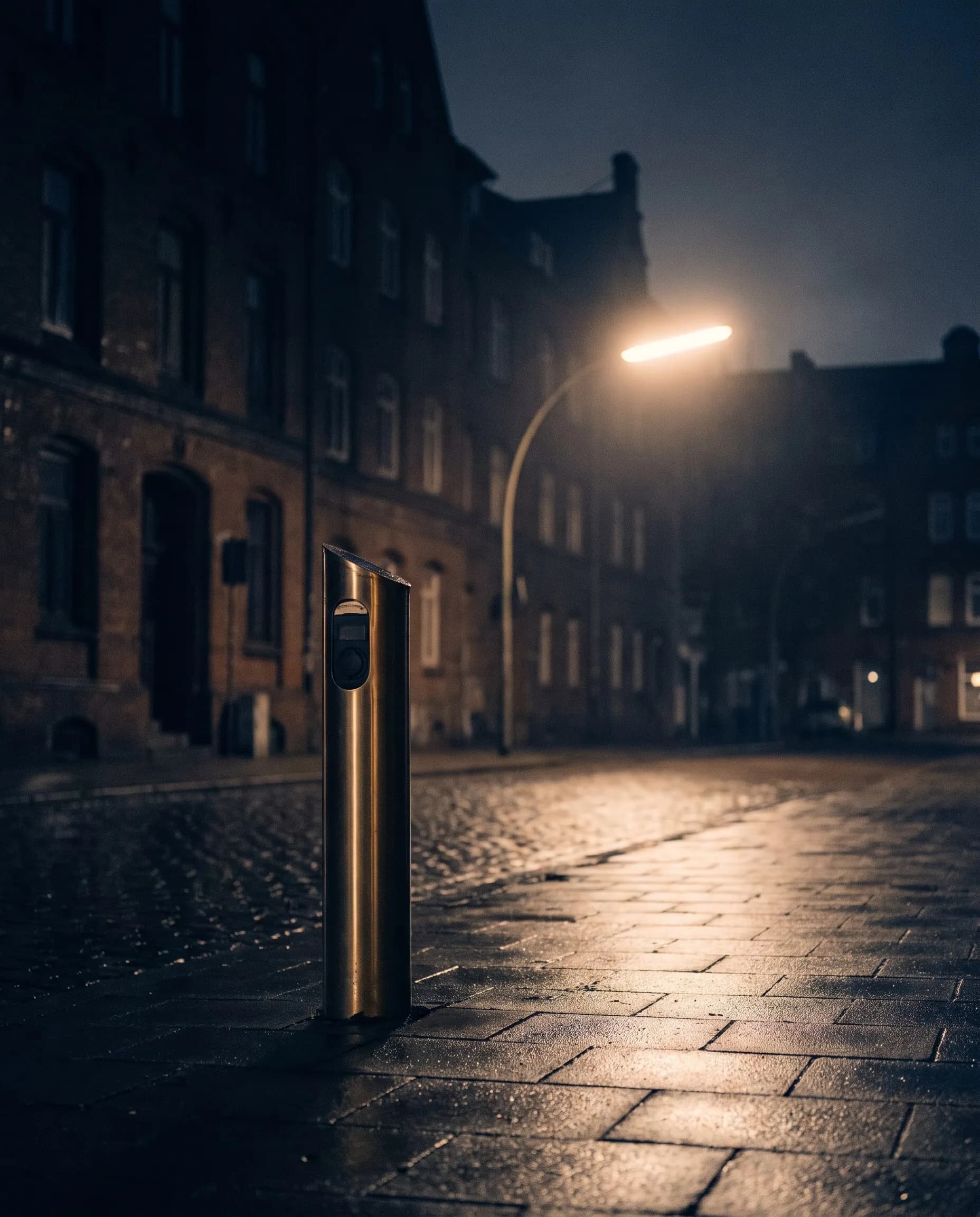 Ladesäule an einer Straße bei Nacht, nasses Pflaster im Laternenlicht